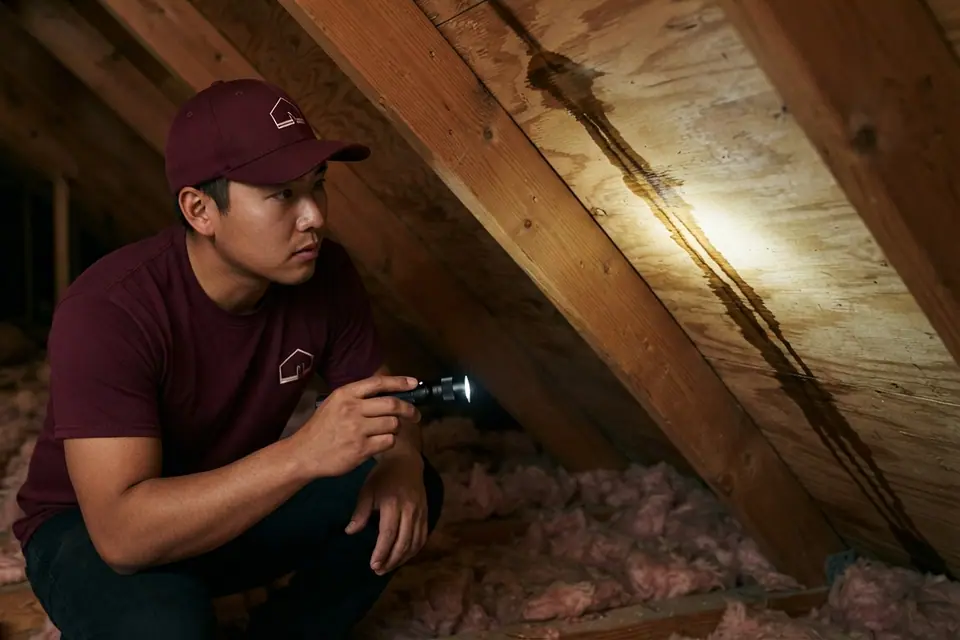 roofer and flashlight tracing a water stain along attic sheathing and rafters