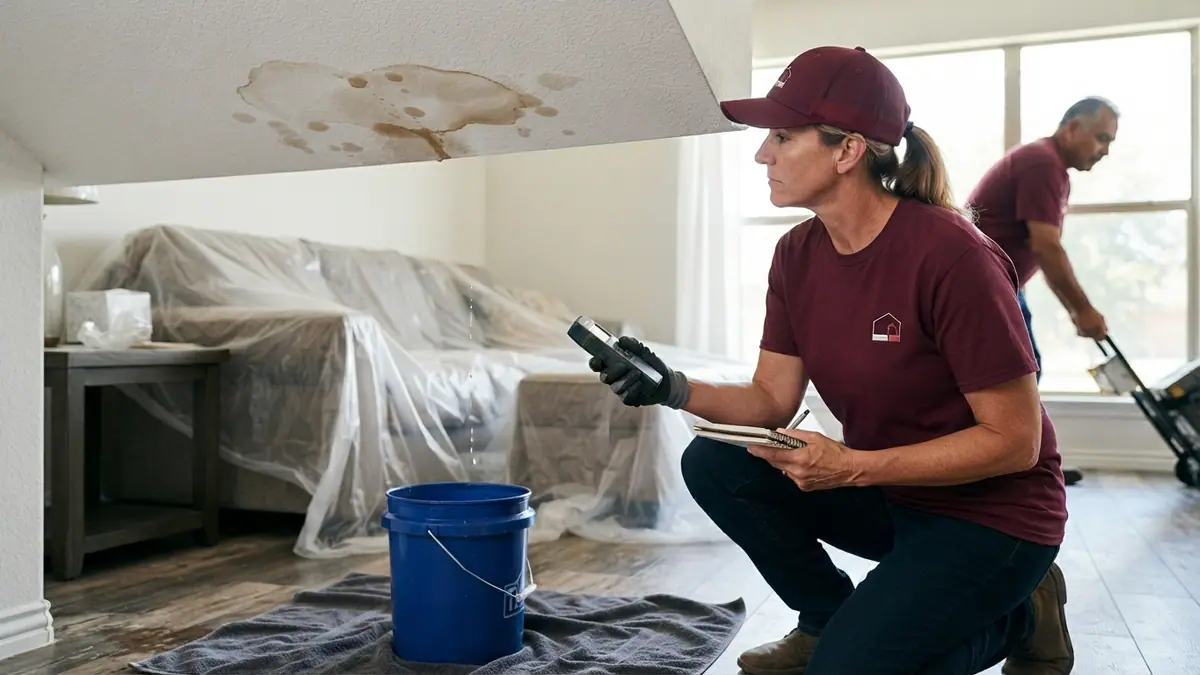 water-stained ceiling and bucket catching an active roof leak in a residential room