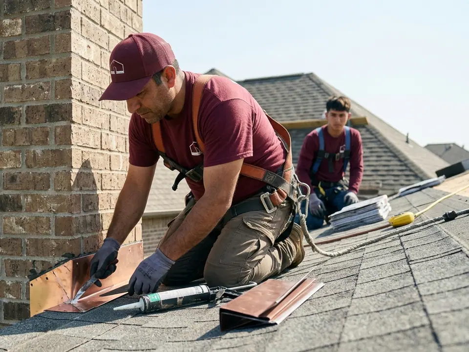 roofer and step flashing bedding new metal into a brick chimney joint