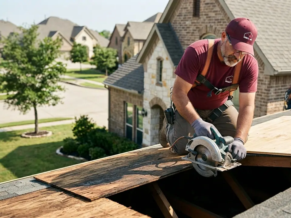 roofer and circular saw cutting out water-damaged plywood decking above open rafters