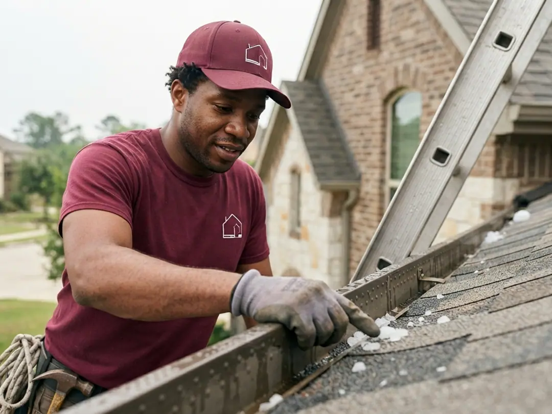 roofer and dimpled gutter run recording hail impacts along the fascia edge