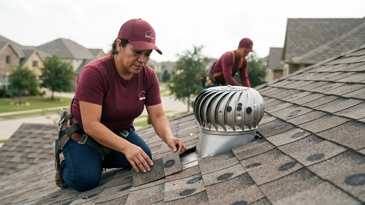 dented aluminum roof vent and bruised shingles after a Texas hail storm