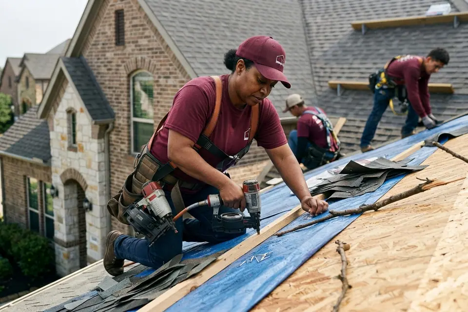 roofer and reinforced tarp battened over storm-damaged decking on a Texas home