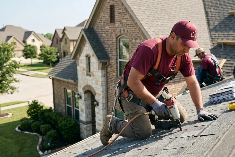 roofer and nail gun setting an architectural shingle course on a Texas suburban roof