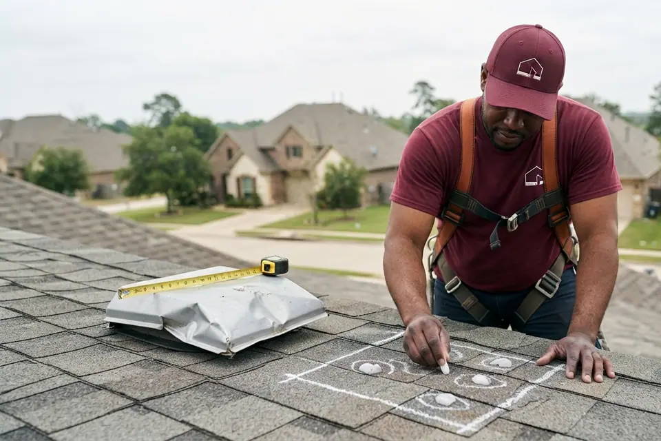 roofer and chalk marking hail bruises inside a test square on an asphalt shingle slope
