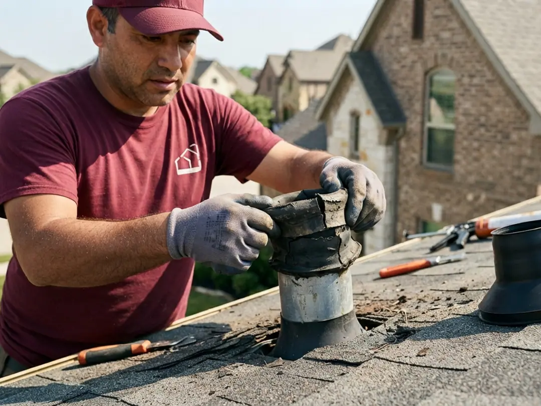 roofer and split rubber pipe boot collar cracked around a plumbing vent stack