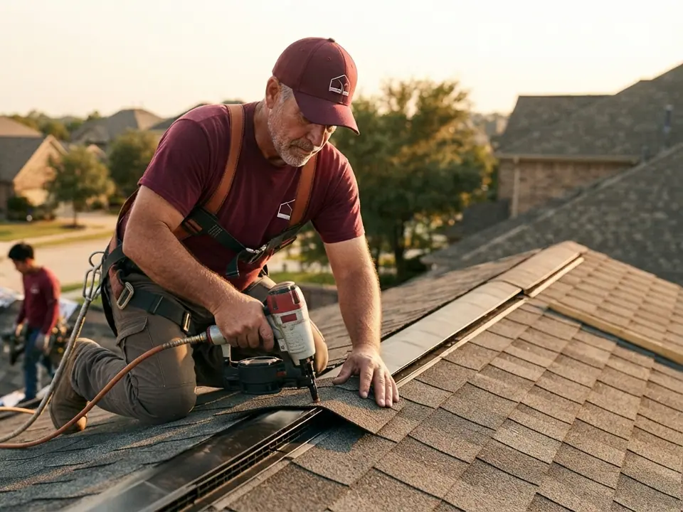 roofer and ridge vent capping the peak of a newly shingled Texas roof
