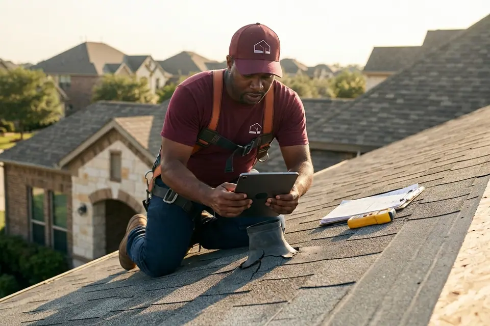 roofer and tablet photographing pipe boot and flashing condition during a roof inspection