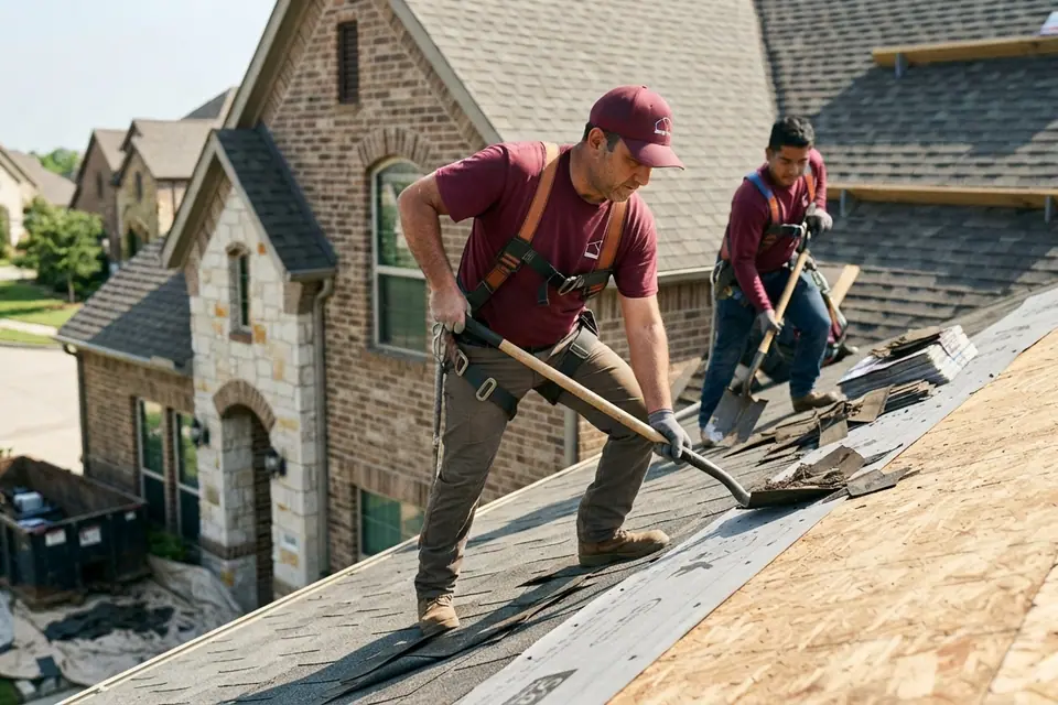roofing crew and tear-off shovels stripping shingles down to bare plywood decking on a suburban home