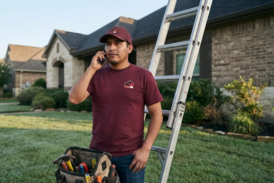 roofer and ladder pausing at the eave to take a phone call on a suburban home