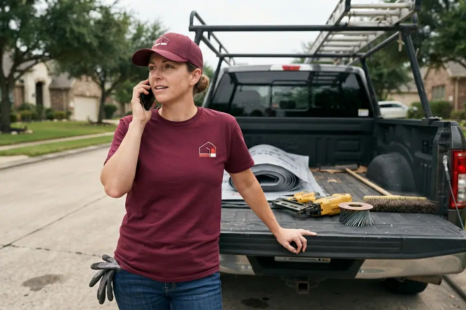 roofer and smartphone taking a call beside an open work truck loaded with roofing materials