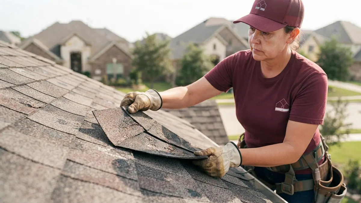 roofer lifting a shingle tab to check whether the mat is still flexible