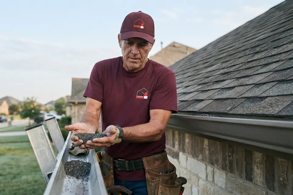 roofer and shingle samples examining granule loss collected from a gutter run