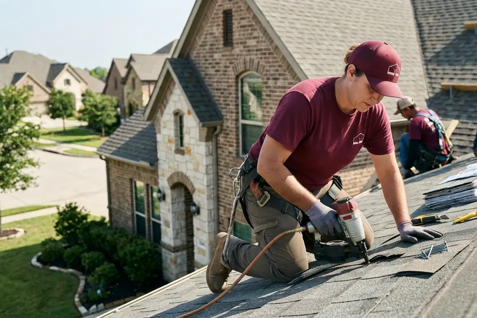 roofer and pry bar lifting a damaged shingle tab beside valley flashing on a residential roof