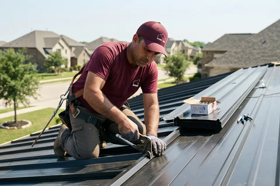 roofer and seamer tool locking a standing seam metal panel on a residential roof