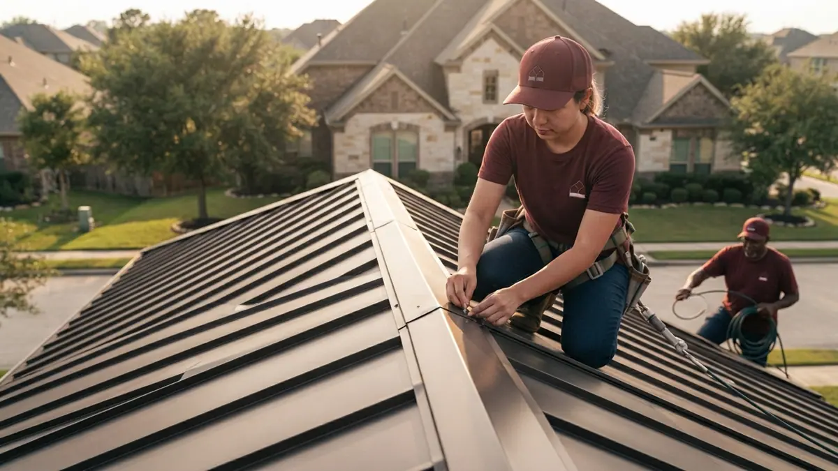 finished dark standing seam metal roof and ridge cap on a Texas suburban home