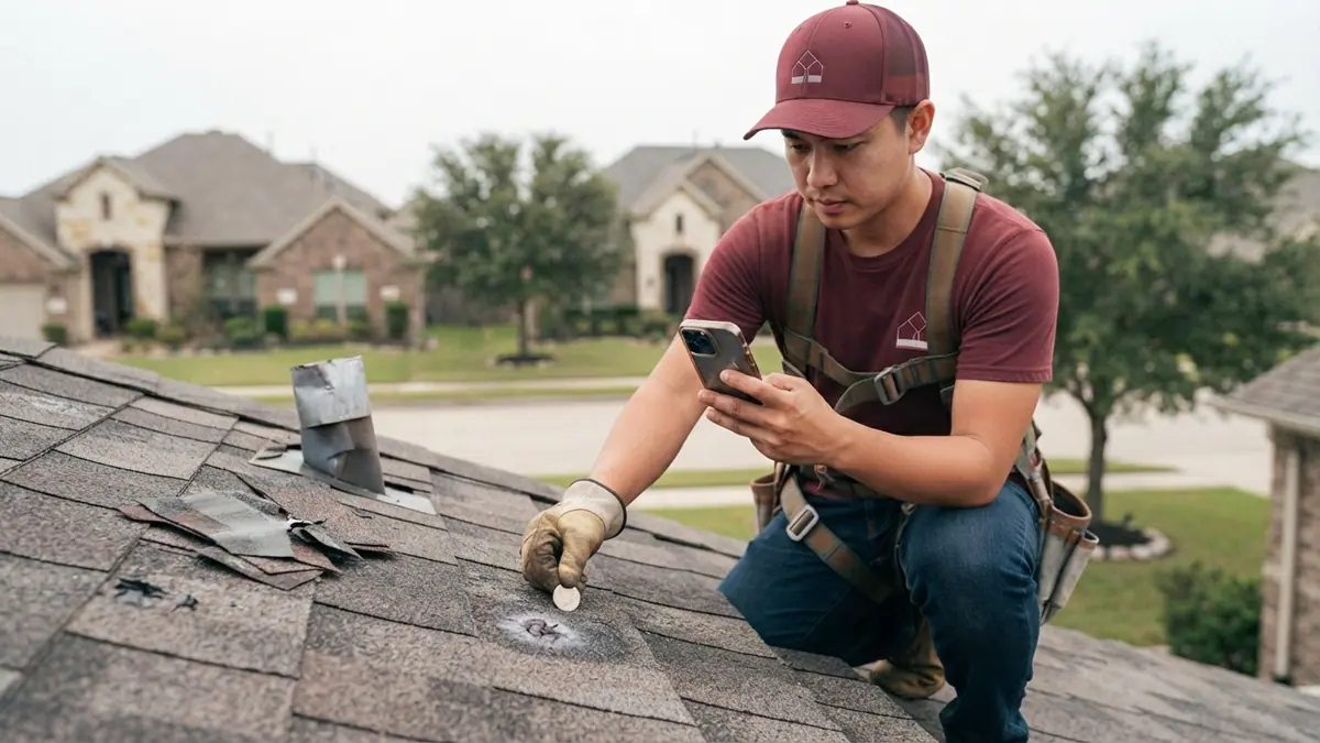 storm-damaged roof section photographed with a scale marker for an insurance claim