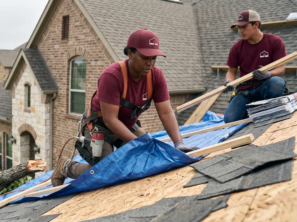 reinforced tarp and battens covering a stripped roof section after a wind storm