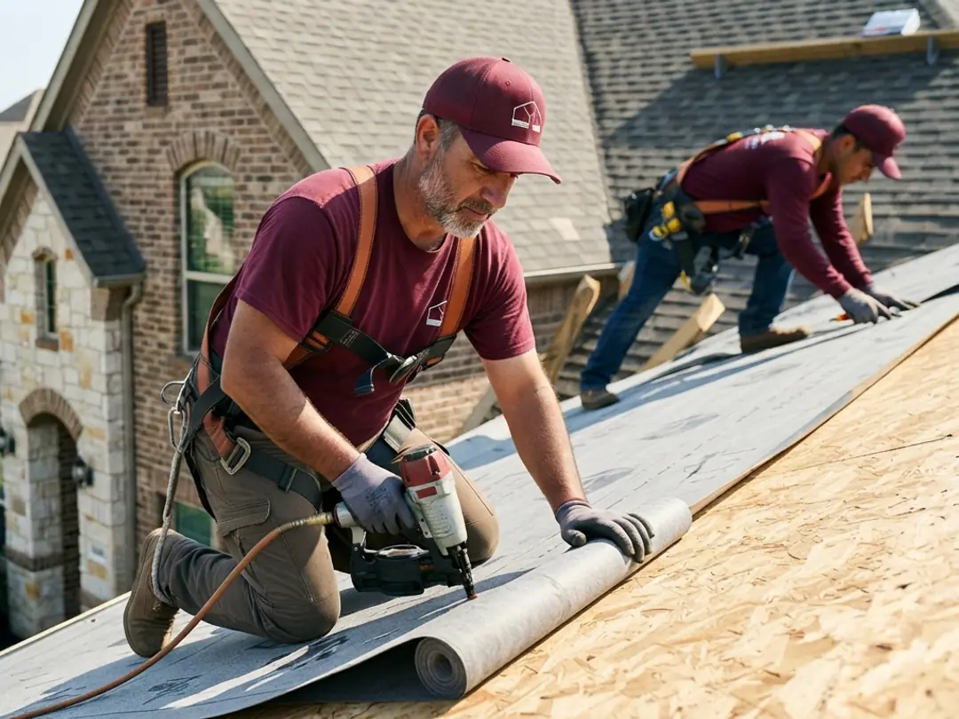 roofer and synthetic underlayment rolling a course above new drip edge on bare decking