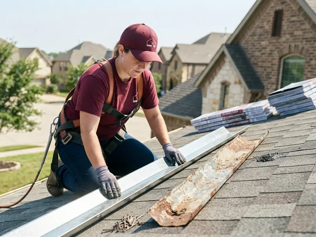 roofer and new valley metal bedded between two shingle planes on a Texas roof