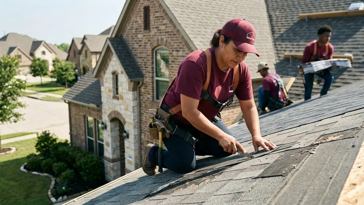 curled brittle shingles and bare mat on an aging Texas roof slope